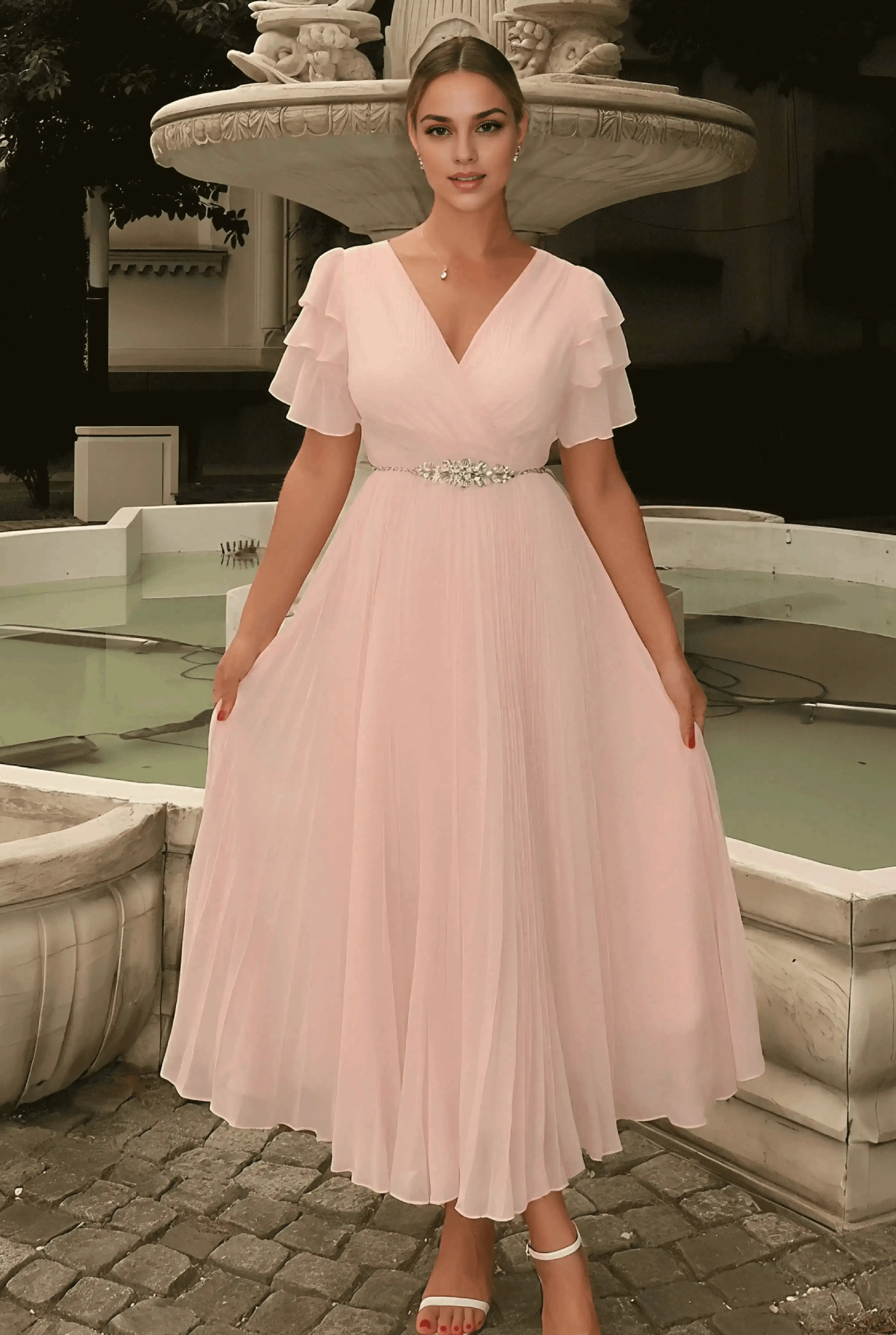 Beautiful A-Line V Neck Short Sleeve Zipper Up Ankle-Length Prom Dress